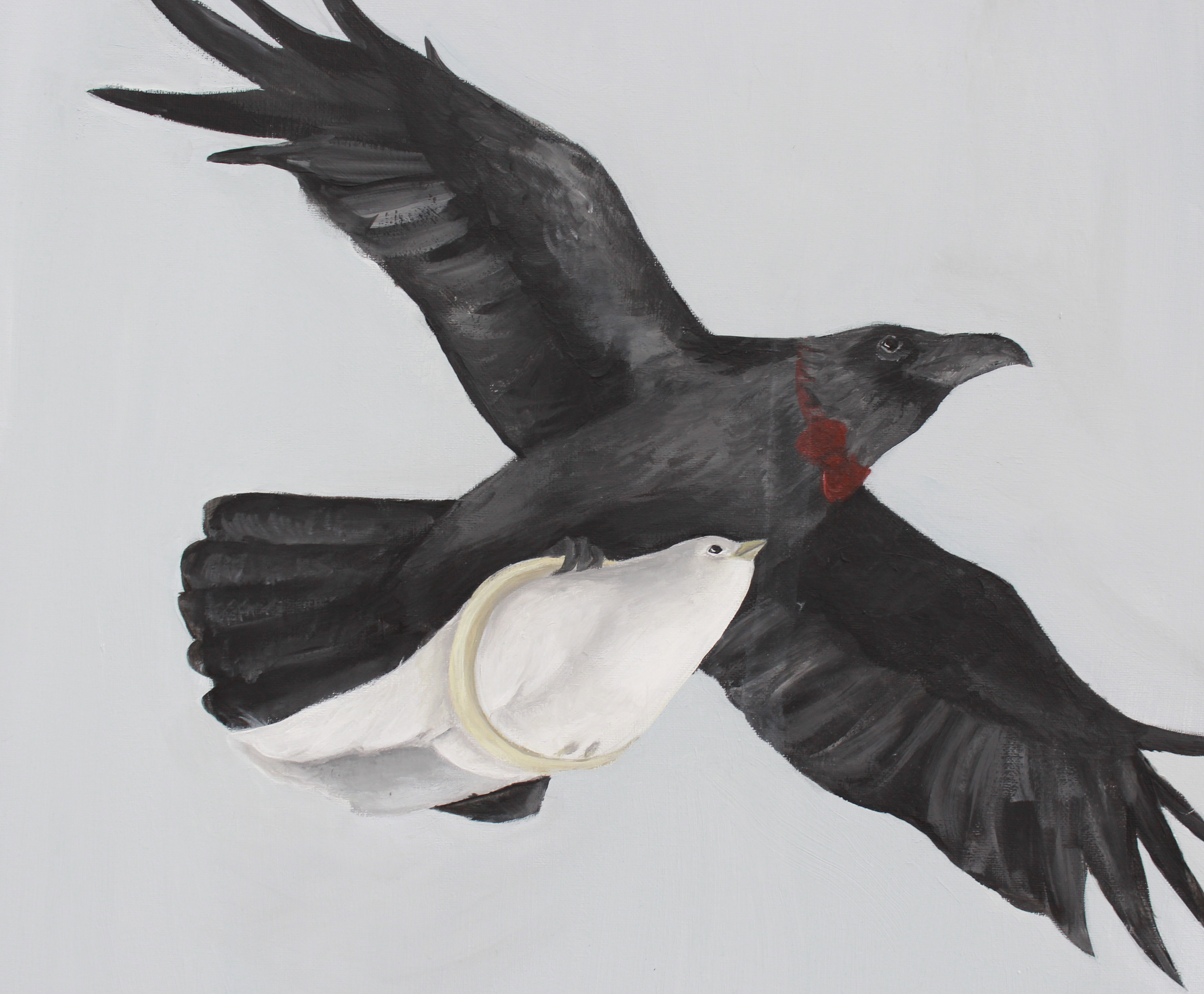 Das gemalte Bild zeigt zwei Vögel. Ein schwarzer großer, der einen kleinen weißen Vogel in einem Ring unter ihm trägt.